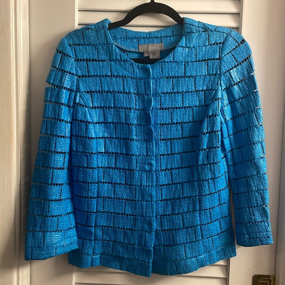 Eccoci Beautifully Crafted Peacock Blue Basketweave Jacket Size 0 Cotton/Viscose